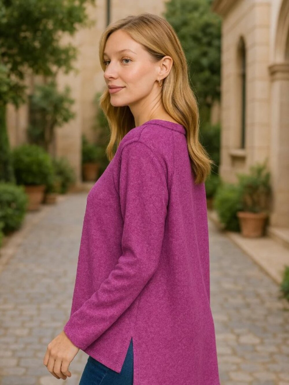Zenana Light Plum Brushed Hacci Exposed Seam Sweater S/M